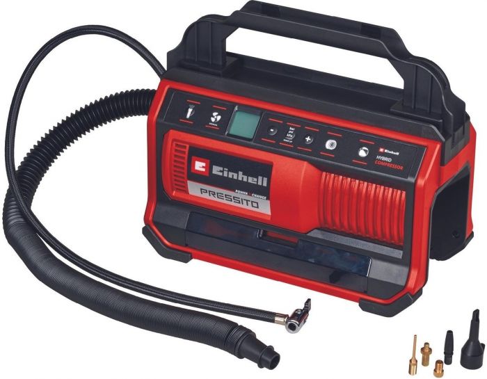 Компресор автомобільний гібридний Einhell PRESSITO 18/25 Hybrid, PXC, 230/18В, 11бар, 25л/хв, вис. і низьк. тиск, можливість всмоктування, шланг 710мм, 2.05кг, (без АКБ и ЗУ)