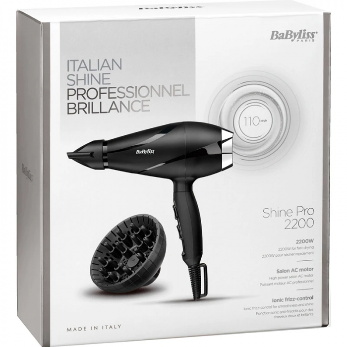 Фен Babyliss Shine Pro, 2200Вт, 2 режими, дифузор, іоніз-я, хол. обдув, чорний