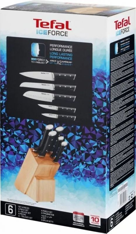 Набір ножів Tefal Ice Force, 5пр., з дерев'яною колодкою, нержавіюча сталь, платик, чорний