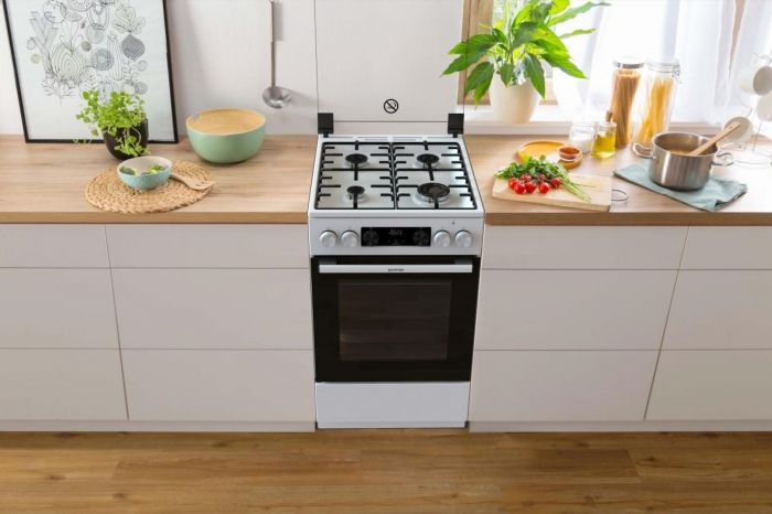 Плита Gorenje комбінована, 70л, 50x60см, дисплей, IconLed, емальовані, білий