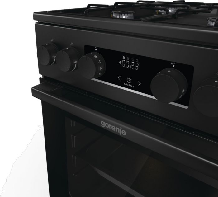 Плита Gorenje комбінована, 62л, 50x60см, дисплей, програматор, приготування на пару, емальовані реш, чорний