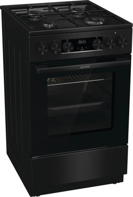 Плита Gorenje комбінована, 62л, 50x60см, дисплей, програматор, приготування на пару, емальовані реш, чорний