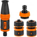 Набір для поливу Neo Tools 1/2", зрошувач ручний прямий, 2 конектори для шланга, конектор для крана 1/2"-3/4"