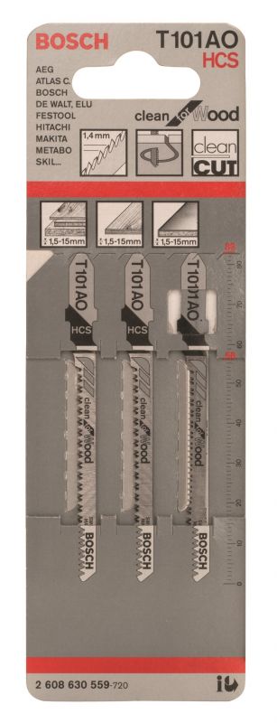 Полотно пиляльне для електролобзика Bosch по дереву T 101 AO, 1.4х83мм, 3шт