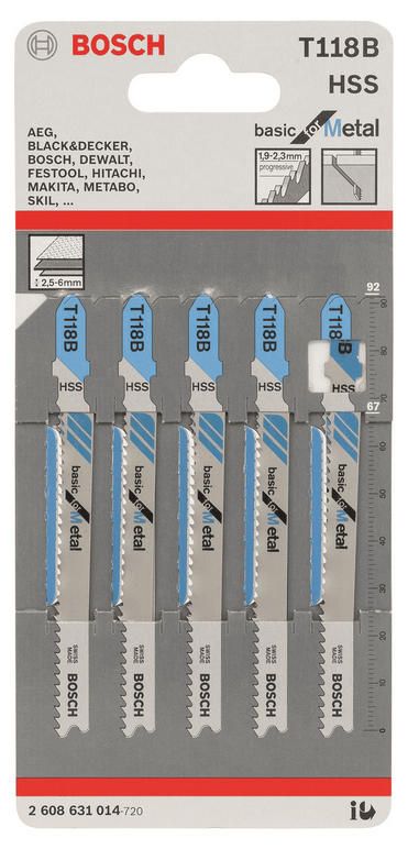 Полотно пиляльне для електролобзика Bosch по металу T 118 B, 1.9-2.3х92мм, 5шт