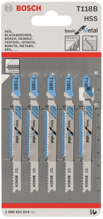 Полотно пиляльне для електролобзика Bosch по металу T 118 B, 1.9-2.3х92мм, 5шт