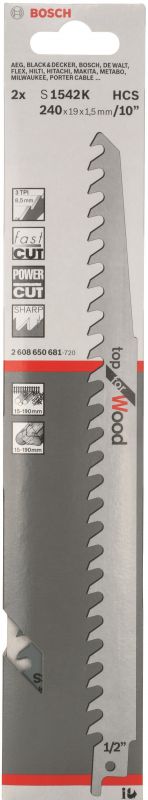 Полотно пиляльне для шабельної пилки Bosch по дереву, S 1542 K, 3TPI, 2шт