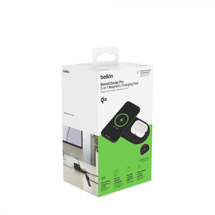 Зарядний пристрій бездротовий Belkin 2в1 15Вт Pad Qi2, чорний