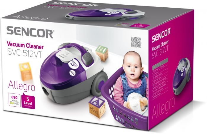 Пилосос Sencor контейнерний Allegro, 890Вт, конт пил -1.5л, НЕРА, фіолетово-сірий