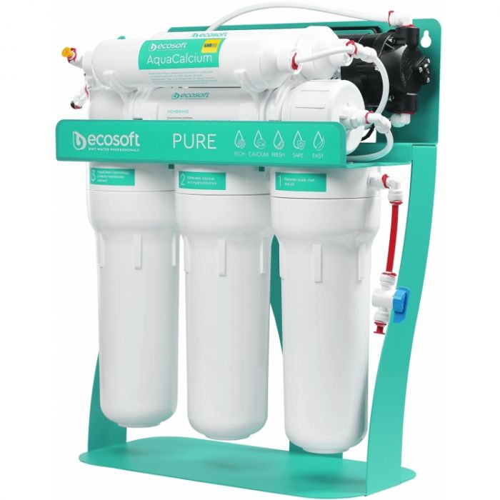 Фільтр зворотного осмосу Ecosoft P'URE AquaCalcium Mint з помпою на станині, мембрана 75gpd DuPont, картридж AquaCalcium збагачує мінералами, дренаж 1:1