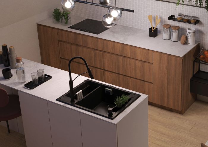 Мийка кухонна Deante Magnetic, граніт, прямокутник, без крила, 690х500х219мм, чаша - 1.5, накладна, черний