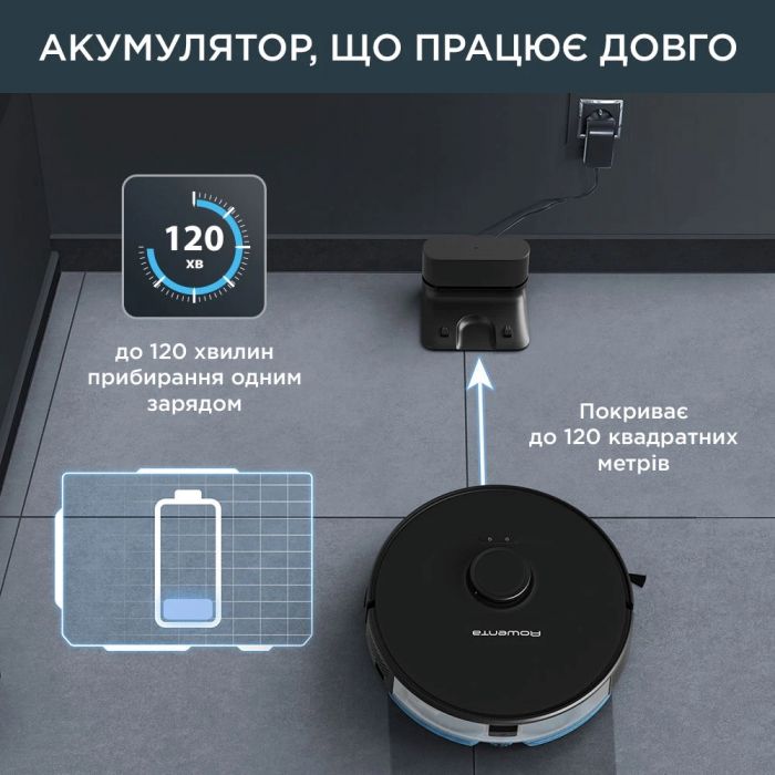 Робот-пилосос Rowenta X-Plorer Serie 75 S, h=9.5см, вологе прибирання, конт пил -0.4л, вода -0.3л, автон. робота до 120хв, НЕРА, управління через смартфон, чорний