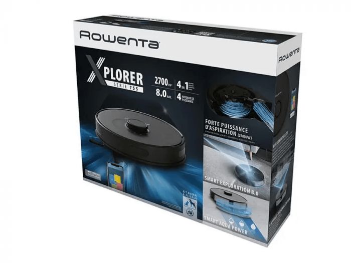 Робот-пилосос Rowenta X-Plorer Serie 75 S, h=9.5см, вологе прибирання, конт пил -0.4л, вода -0.3л, автон. робота до 120хв, НЕРА, управління через смартфон, чорний