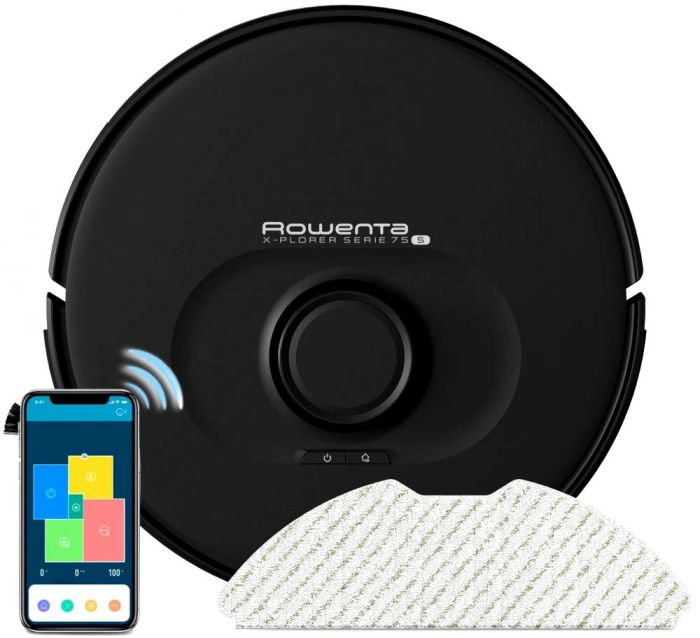 Робот-пилосос Rowenta X-Plorer Serie 75 S, h=9.5см, вологе прибирання, конт пил -0.4л, вода -0.3л, автон. робота до 120хв, НЕРА, управління через смартфон, чорний