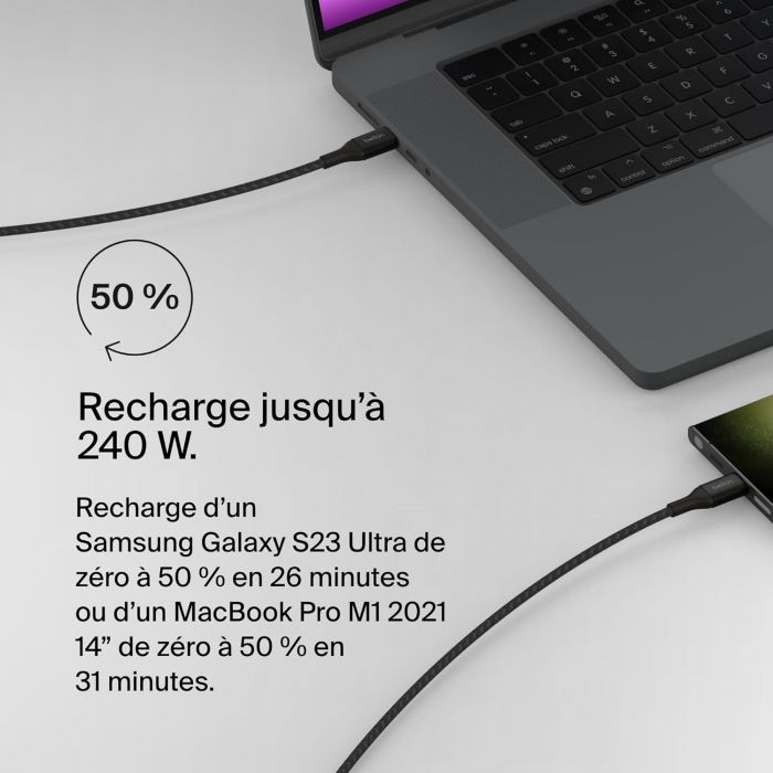 Кабель USB-C > USB-C заряджання/синхронізації Belkin 2м, 240Вт, Type-C, плетений, чорний