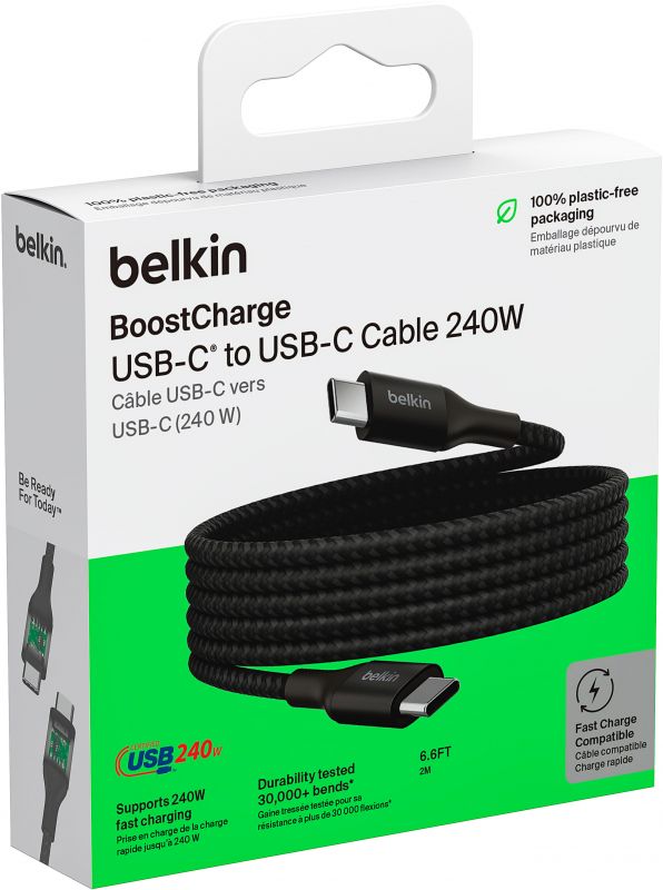 Кабель USB-C > USB-C заряджання/синхронізації Belkin 2м, 240Вт, Type-C, плетений, чорний