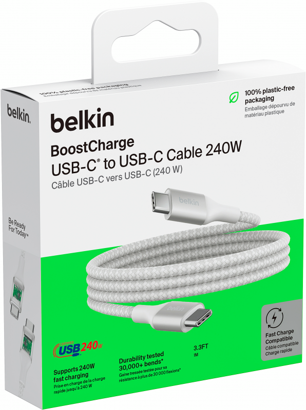 Кабель USB-C > USB-C заряджання/синхронізації Belkin 1м, 240Вт, Type-C, плетений, білий