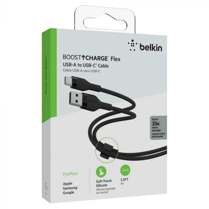 Кабель USB-A > USB-C заряджання/синхронізації Belkin 1м, 60Вт, Type-C, силіконовий з кліпсою, чорний