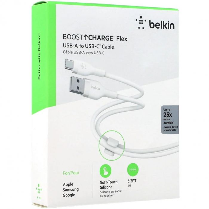 Кабель USB-A > USB-C заряджання/синхронізації Belkin 1м, 60Вт, Type-C, силіконовий з кліпсою, білий