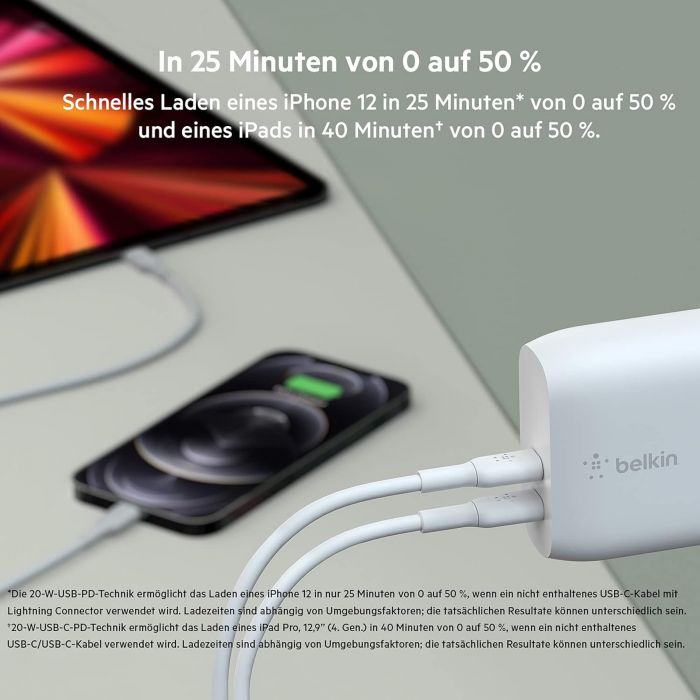 Зарядний пристрій мережевий Belkin 40Вт 2хUSB-С PD, білий