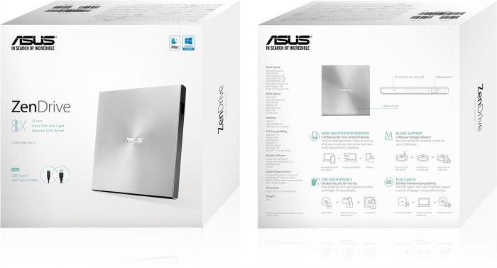 Привід оптичний портативний ASUS SDRW-08U9M-U DVD+-R/RW burner M-DISC USB2.0 Slim срібний Retail Box