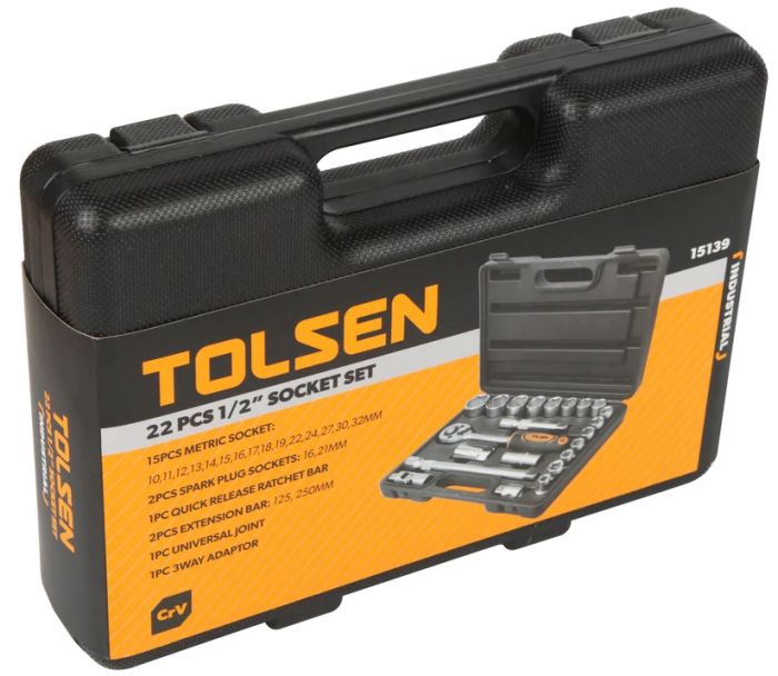 Набір інструментів Tolsen, набір торцевих головок 1/2", 22шт, CrV