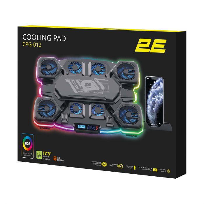 Підставка для ноутбука 2E GAMING CPG-012, до 17.3", 1xUSB-C, LCD/semiconductor cooling pad, RGB, чорний
