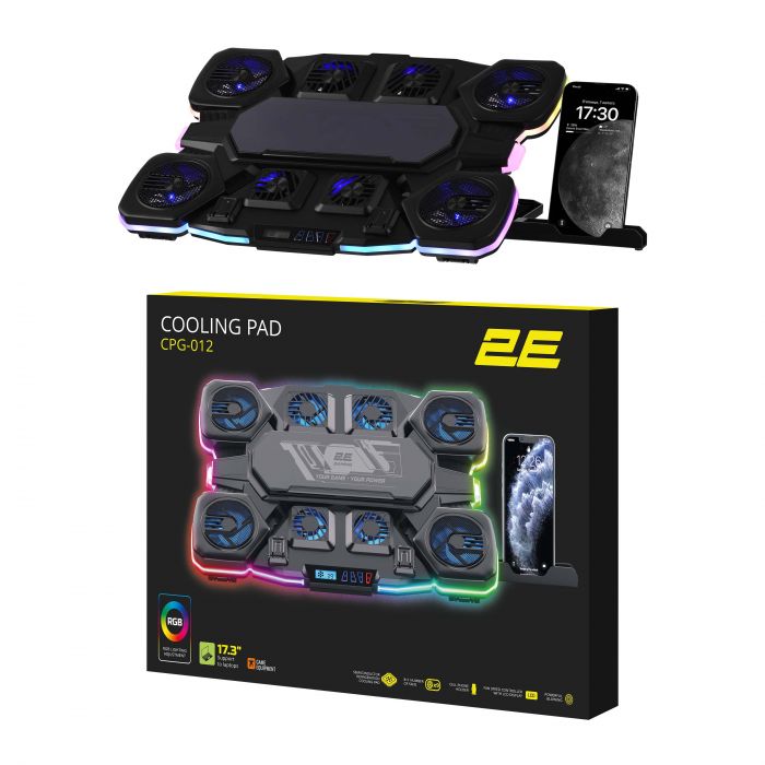 Підставка для ноутбука 2E GAMING CPG-012, до 17.3", 1xUSB-C, LCD/semiconductor cooling pad, RGB, чорний