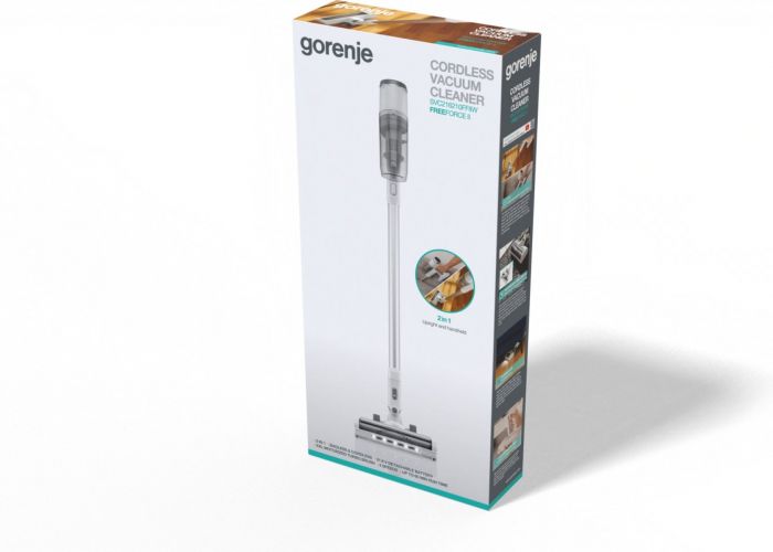 Пилосос Gorenje безпровідний, 130Вт, автон. робота до 60хв, вага-2,7кг, НЕРА, турбощітка, 2насадки, підсвічування, індикатор, білий