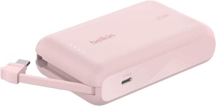 Акумулятор портативний літій-іонний Power Bank Belkin 10000мА·год, 20Вт, з інтегрованим кабелем USB-C, рожевий