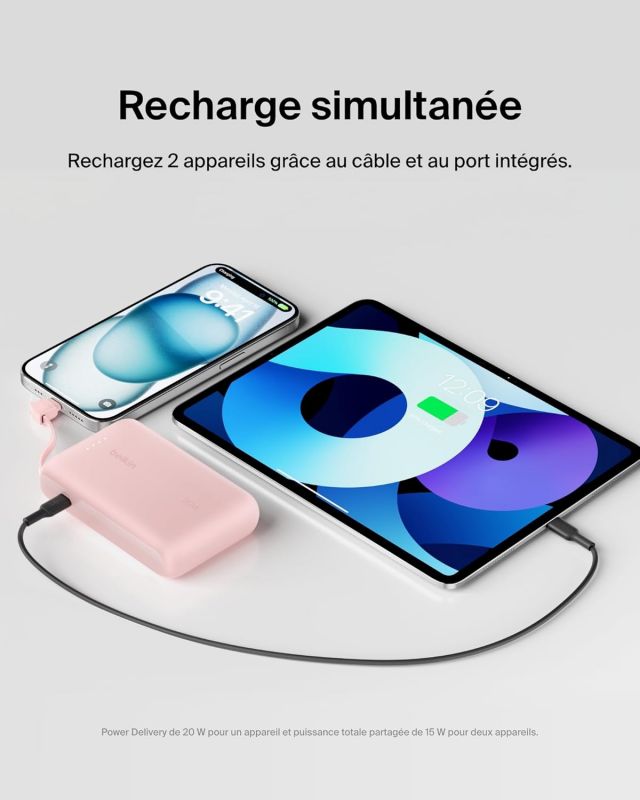 Акумулятор портативний літій-іонний Power Bank Belkin 10000мА·год, 20Вт, з інтегрованим кабелем USB-C, рожевий