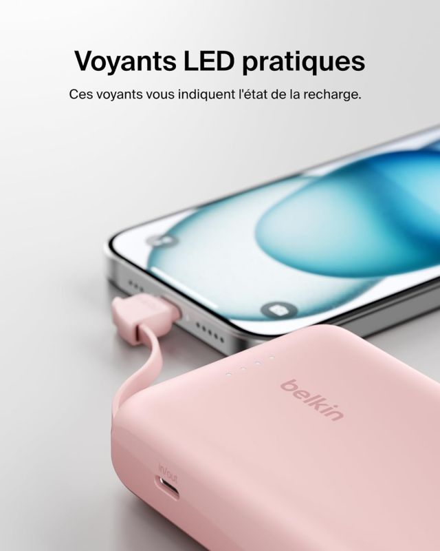 Акумулятор портативний літій-іонний Power Bank Belkin 10000мА·год, 20Вт, з інтегрованим кабелем USB-C, рожевий