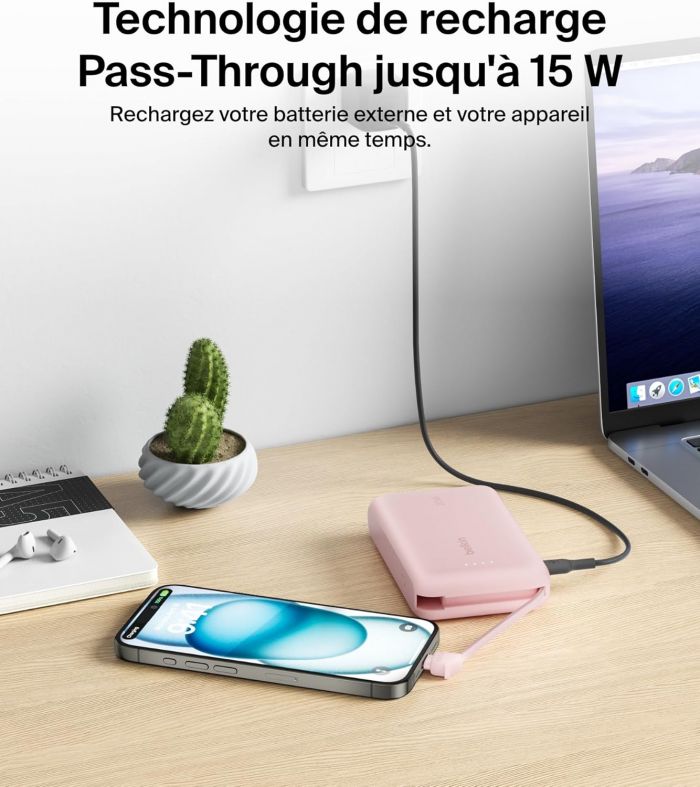 Акумулятор портативний літій-іонний Power Bank Belkin 10000мА·год, 20Вт, з інтегрованим кабелем USB-C, рожевий