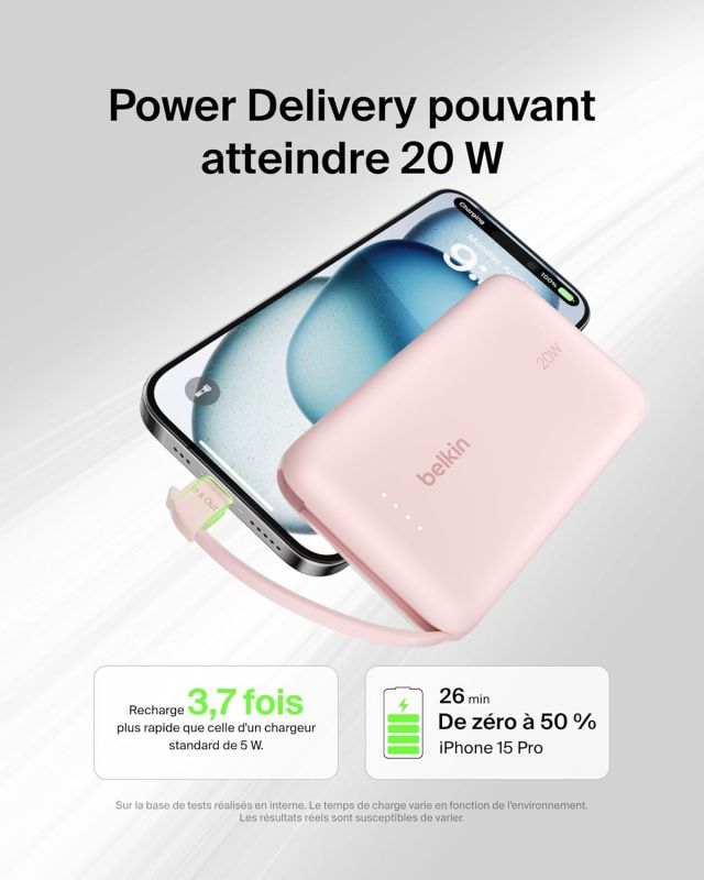 Акумулятор портативний літій-іонний Power Bank Belkin 10000мА·год, 20Вт, з інтегрованим кабелем USB-C, рожевий