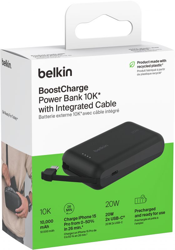 Акумулятор портативний літій-іонний Power Bank Belkin 10000мА·год, 20Вт, з інтегрованим кабелем USB-C, чорний