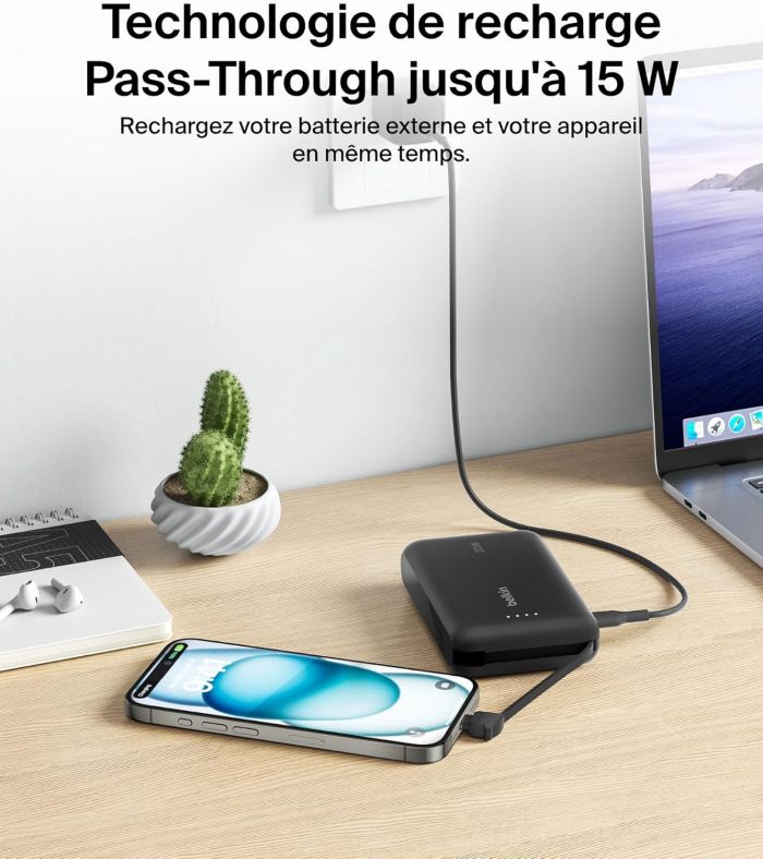 Акумулятор портативний літій-іонний Power Bank Belkin 10000мА·год, 20Вт, з інтегрованим кабелем USB-C, чорний