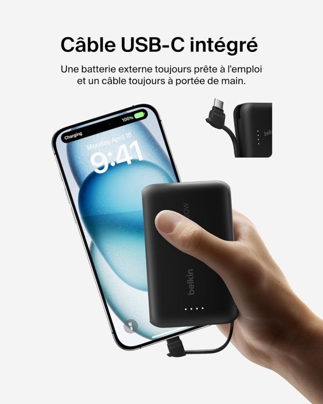 Акумулятор портативний літій-іонний Power Bank Belkin 10000мА·год, 20Вт, з інтегрованим кабелем USB-C, чорний