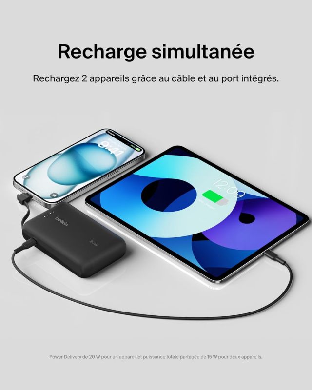 Акумулятор портативний літій-іонний Power Bank Belkin 10000мА·год, 20Вт, з інтегрованим кабелем USB-C, чорний
