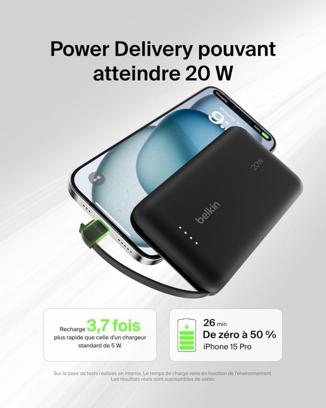 Акумулятор портативний літій-іонний Power Bank Belkin 10000мА·год, 20Вт, з інтегрованим кабелем USB-C, чорний