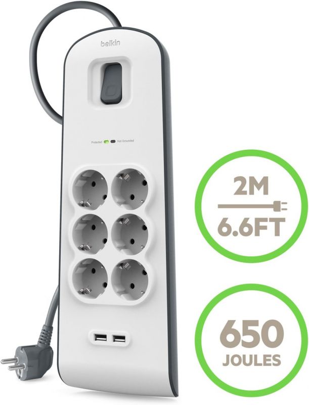 Подовжувач-фільтр мережевий Belkin 6хТип F, 3x1.5мм кв, 16А, 2xUSB-A 2.4A, з захистом від перенапруги, 2м, білий