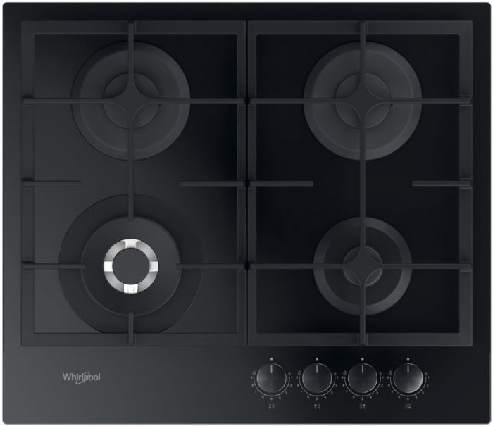 Варильна поверхня Whirlpool газова, 60см, чавун, конфорка з подвійним рядом полум'я, чорний