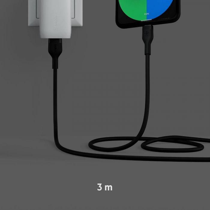 Кабель USB-A > USB-C заряджання/синхронізації Belkin 3м, 60Вт, Type-C, силіконовий з кліпсою, чорний
