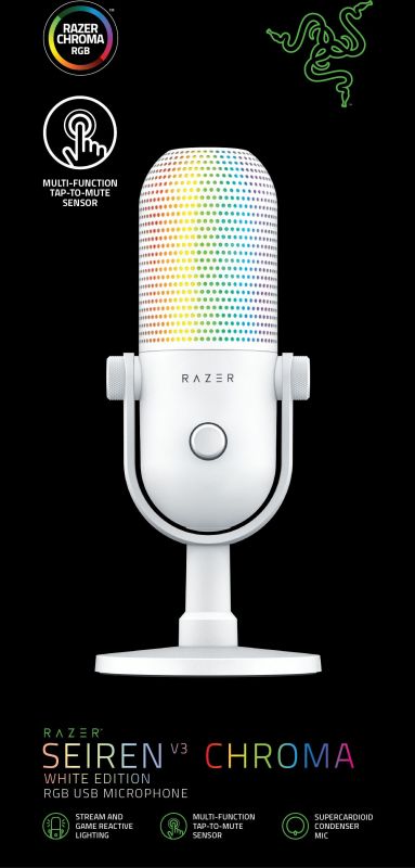Мікрофон геймінговий Razer Seiren V3 Chroma, Uni, RGB, USB-A, 2м, білий