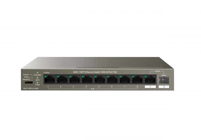 Комутатор TENDA TEG1110PF-8-102W 8xGE PoE, 1xGE, 1xSFP, Некерований
