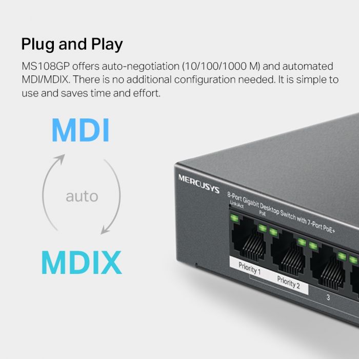 Комутатор MERCUSYS MS108GP 8xGE (7xPoE), 65Вт, Некерований
