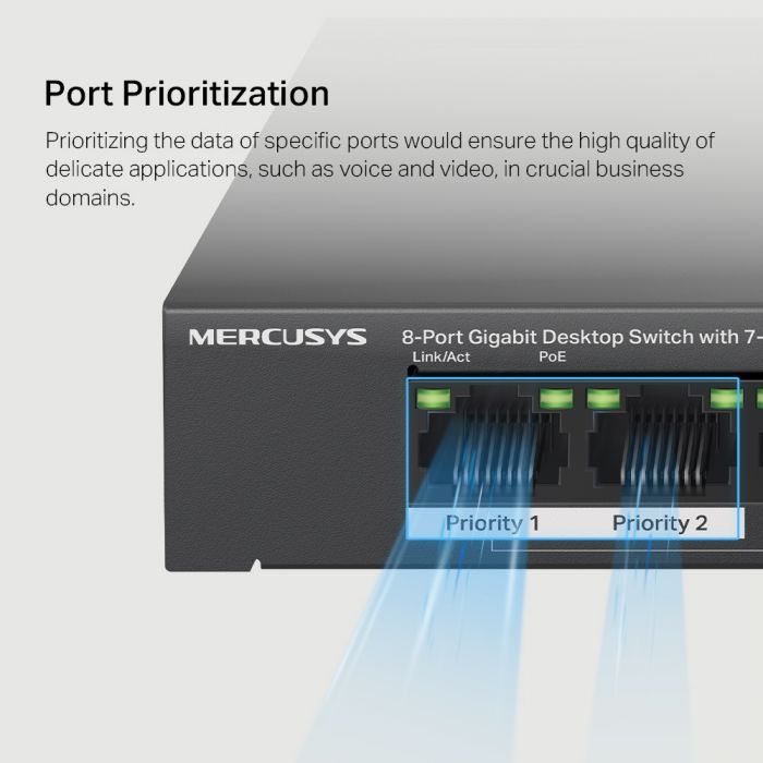 Комутатор MERCUSYS MS108GP 8xGE (7xPoE), 65Вт, Некерований