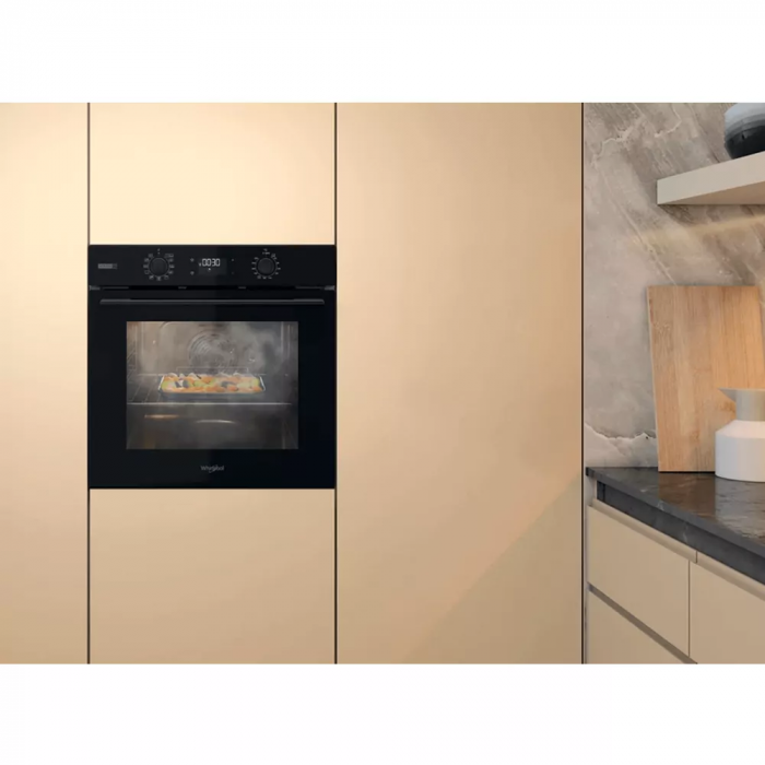 Духова шафа Whirlpool електрична, 71л, A+, дисплей, конвекція, телескопічні напрямні, пара, чорний