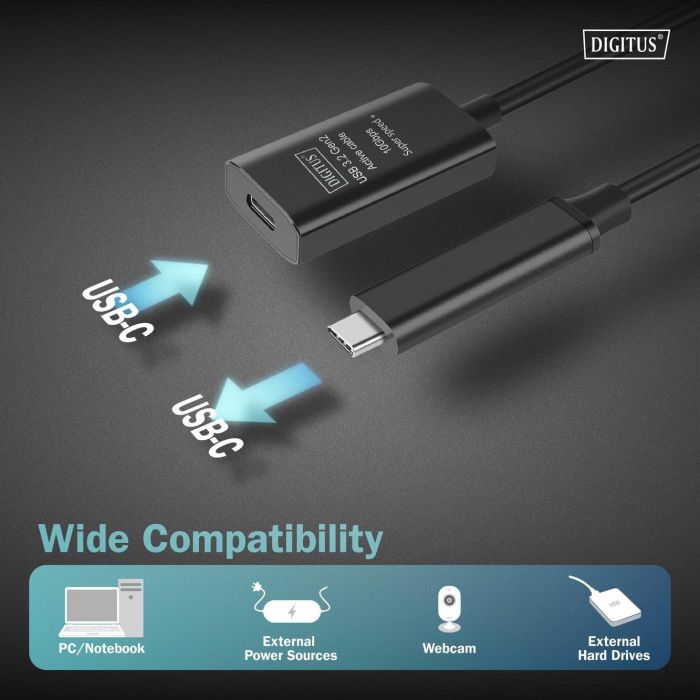 Подовжувач DIGITUS USB 3.2 Gen2 Active Cable 10G, C/M-C/F, 5м, чорний