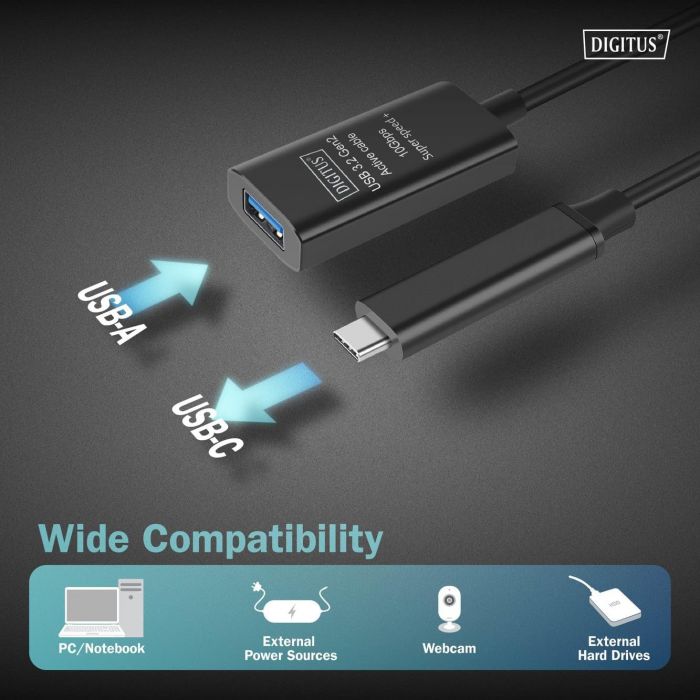 Подовжувач DIGITUS USB 3.2 Gen2 Active Cable 10G, C/M-A/F, 5м, чорний