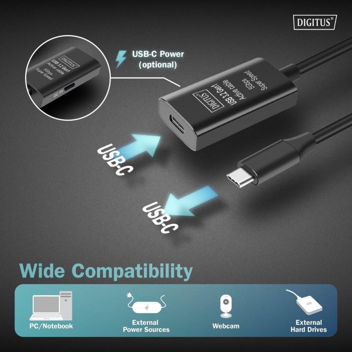 Подовжувач DIGITUS USB 3.2 Gen1 Active Cable 5G, C/M-C/F, 5м, чорний